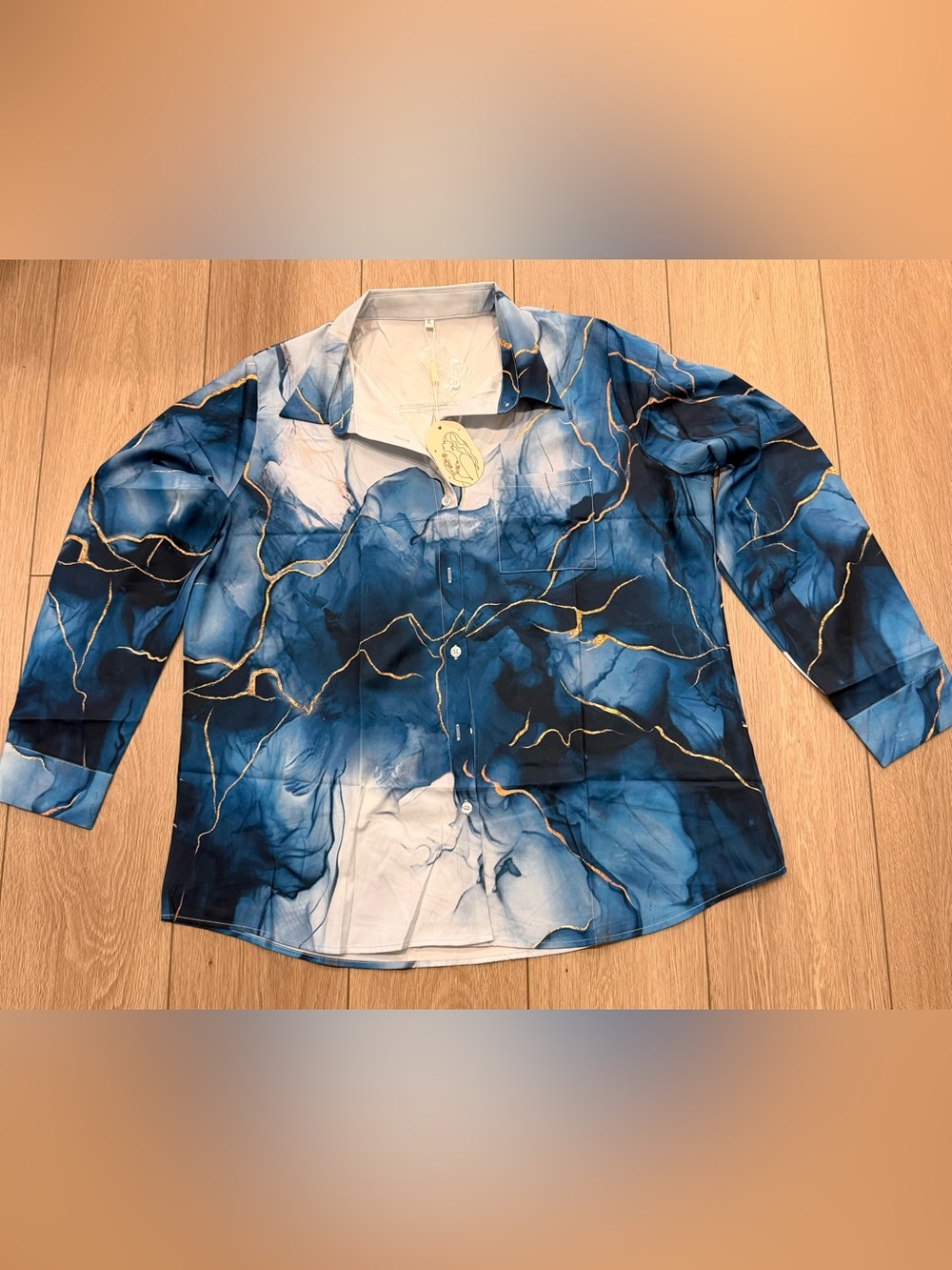 NWT- Women’s XL Blue Marble-Print Button-Up Shirt